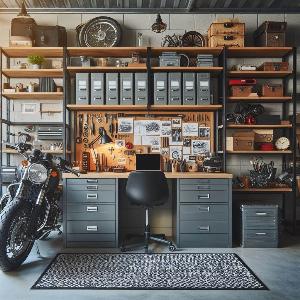 Garage Office Design Ideas with large metal file cabinets to store motorcycle parts-5